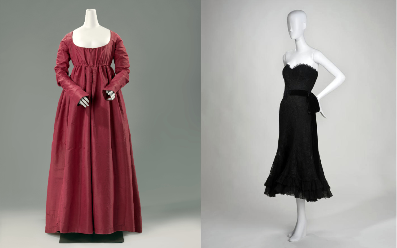 links: rotes Kleid von 1790, rechts schwarzes Kleid von Chanel 1958